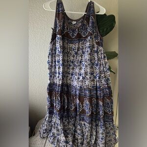 Vintage Denim Jazz Sleeveless Blue and Brown Patterned Dress